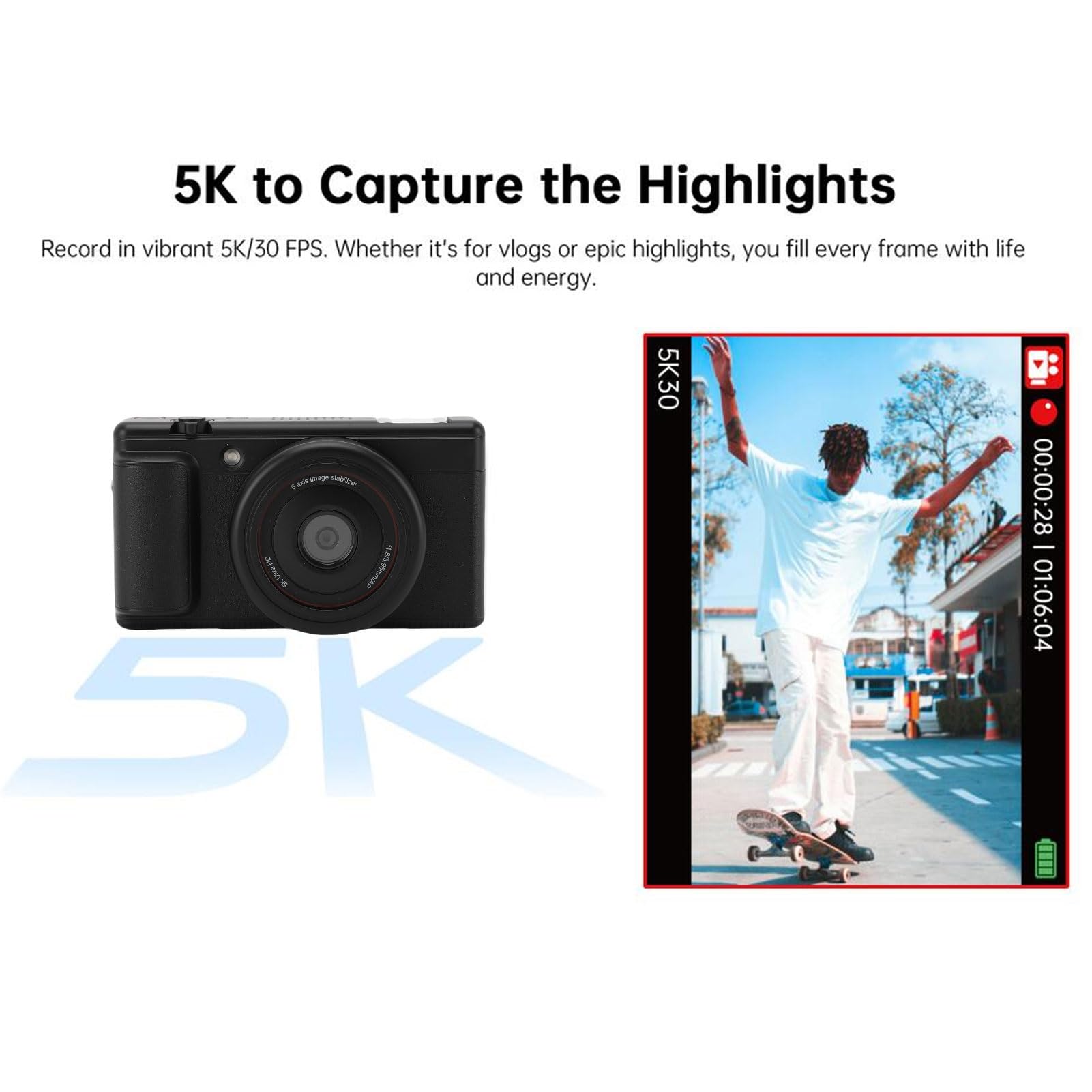 Fotocamera Digitale, Fotocamera Vlog da 5k 80MP per Fotografia, Videocamere da 30 Fps con Zoom Digitale 16x, Autofocus, Schermo a Flip da 2,8 Pollici, Mini Telecamere Compatte