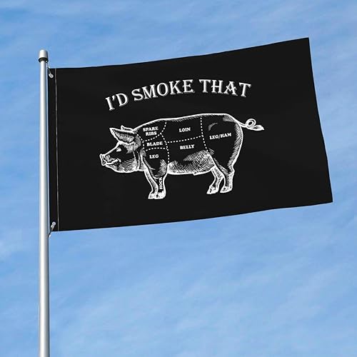 Miniatura 2 de Bandera de barbacoa divertida con texto en inglés "I'd Smoke That Pig" de 3 x 5 pies, colores vivos y resistentes a la decoloración UV, banderas