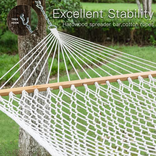 Gafete Rope Hammocks Swing With 5Ft Tree Straps, Traditional Hand Woven Cotton 52" Double Hammock With Free Chains & Straps & Hooks & Hardwood Spreader Bar For Outside Outdoor, Max 450Lbs (Natural) #TOP2