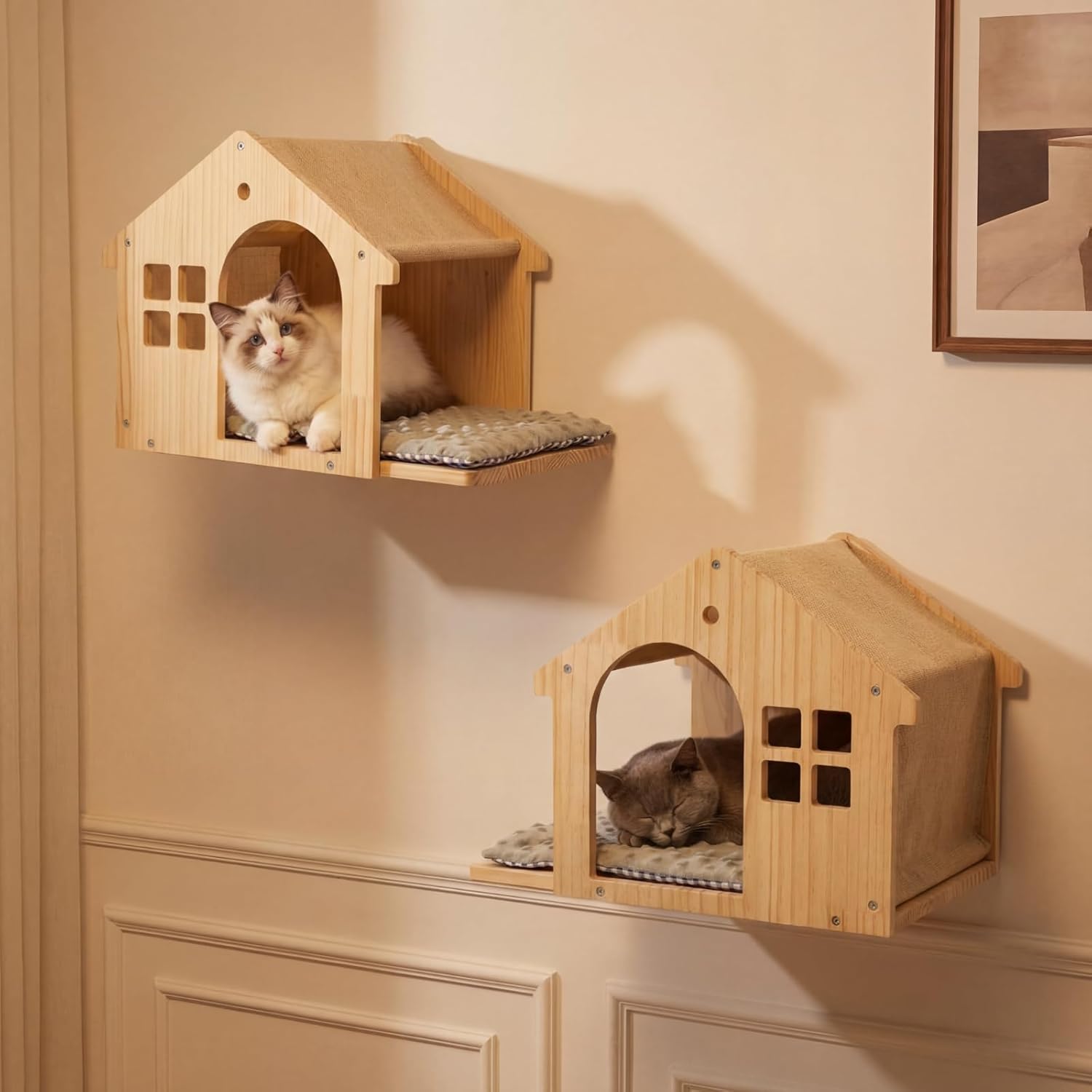 2 Pack Solid Wood Cat Wall Shelves, Wall-Mounted Box Condo House Perches with Washable Cushions, Stable Design for Small to Medium Cats, Space Saving Furniture