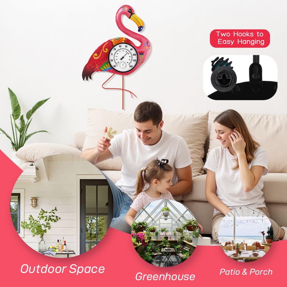 Flamingo - Termómetro para interiores y exteriores con humedad, termómetro exterior decorativo de 24 pulgadas para patio, jardín, decoración de sala de estar, números grandes fáciles de leer