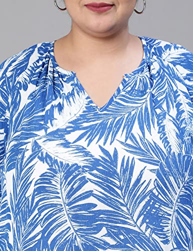 Image of oxolloxo Women Plus Size Tropical Print V-Neck Button Tab Sleeve Blue Top