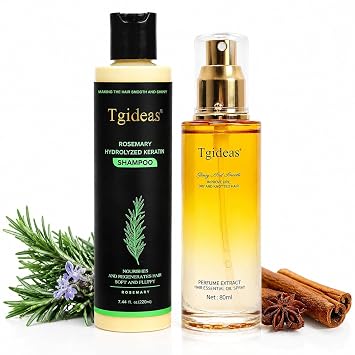 Tgideas Hair Care Bundle Rosemary Hair Growth Shampoo & Leave-In Hair Oil Spray - Thickening, Strengthening & Moisturizing Set for Thinning, Dry,Curly Hair - Natural with Jojoba,Shea Butter & Keratin