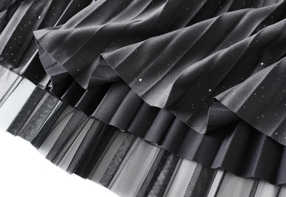 Röcke Damen,Damen-Midirock, Schwarz, Elastisch, Hohe Taille, Glitzer, Tüll, Faltenrock, Mode, A-Linie, Swing, Gerafft, Abgestuft, Herbst, Winter, Lange Röcke Für Mädchen, Damen, M