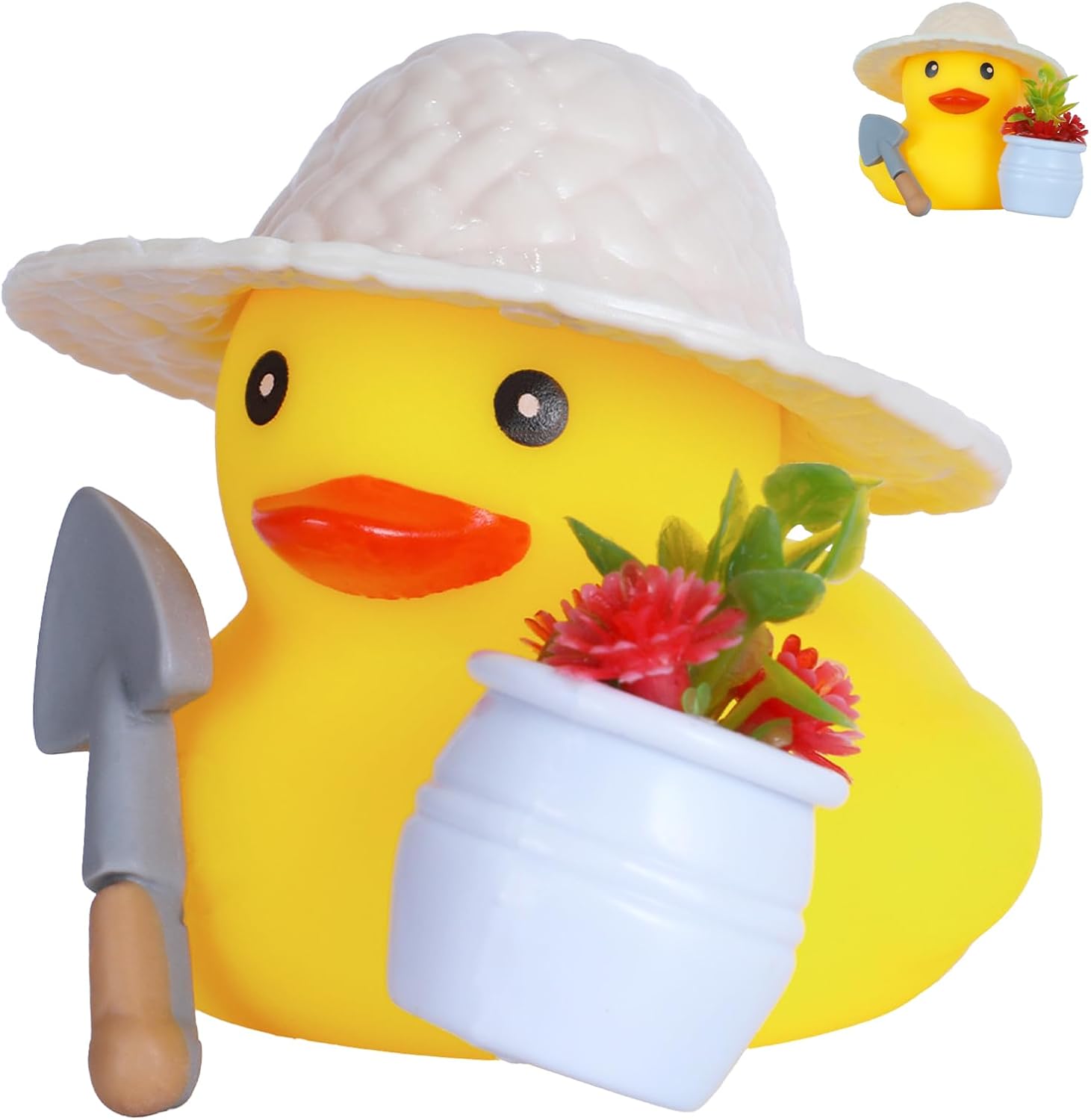 Garden Duck Decor with Hat, Shovel & Planter, Yellow Duck