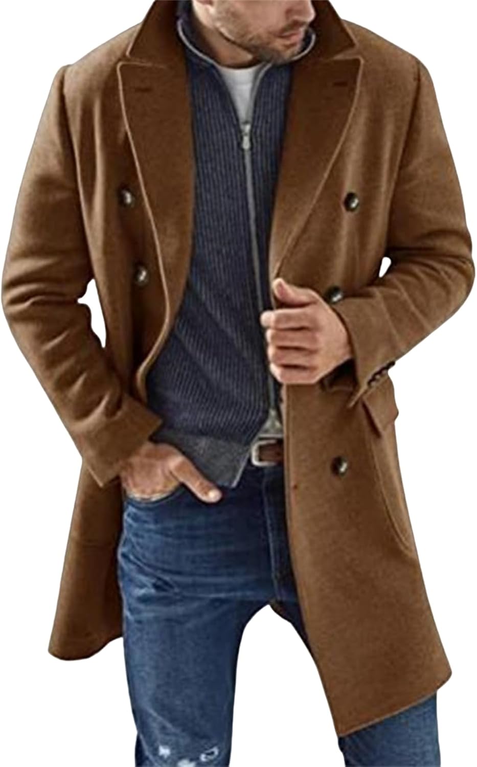 Men's Trench Coat Wool Blend Pea Coat Double Breasted Notched Lapel Long Jacket Windproof Thicken Classic Overcoat