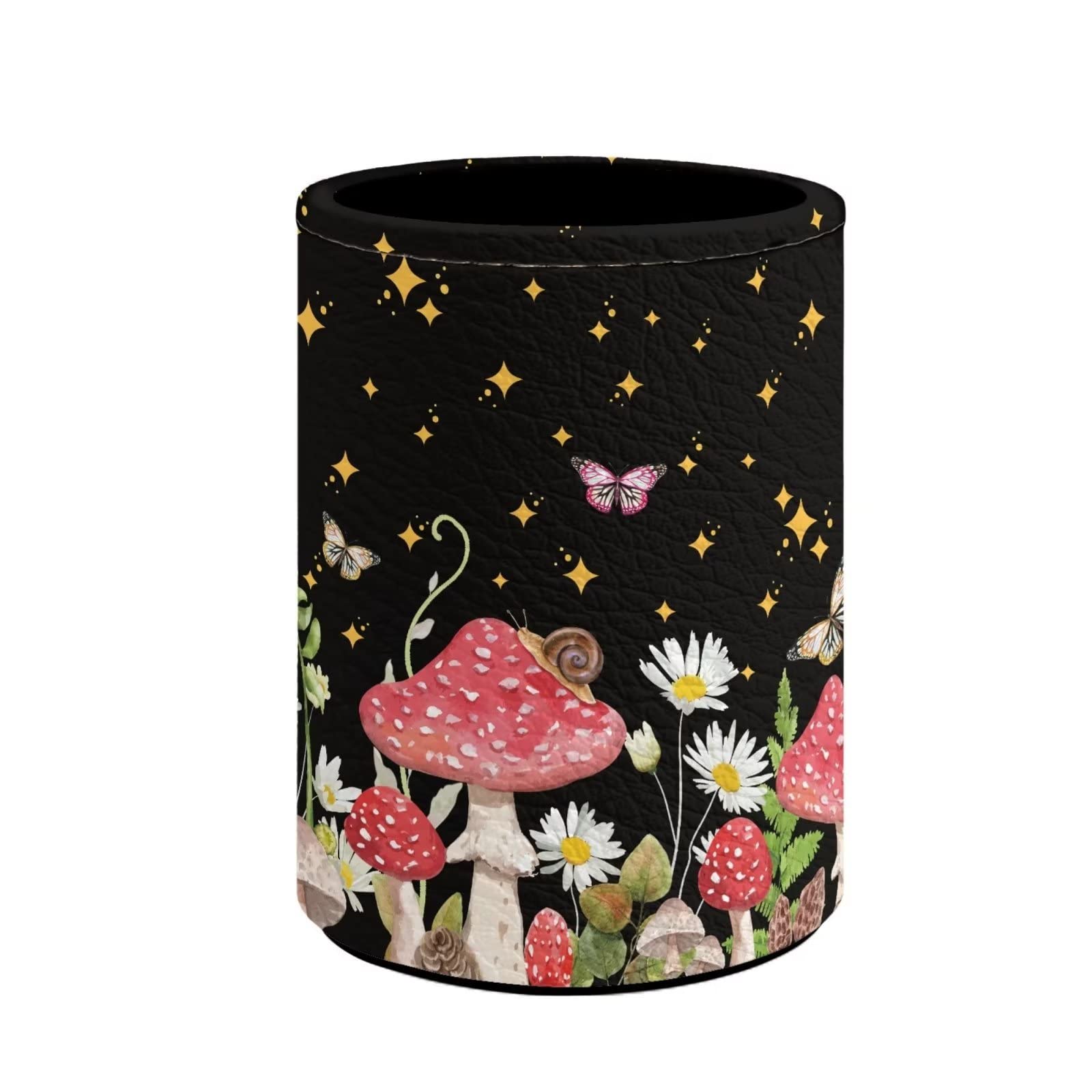 BIGCARJOB Mushroom Theme Desk Pen Holders,PU Leather School Pen Storage Box Women Girls Make up Brush Holder,Weeds Mushroom Round Pencil Holder Organizer — image 1