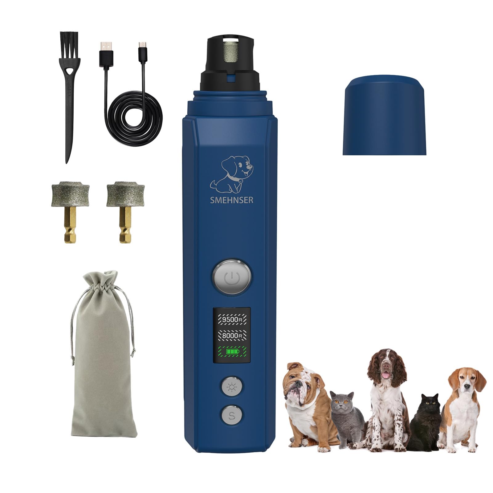 Silent Groom Pro Nail Grinder, Dog Nail Trimmers with 2-Speed, 2 LED Lights, 2 Grinding Wheels, USB Rechargable Dog Nail Grinder, Blue