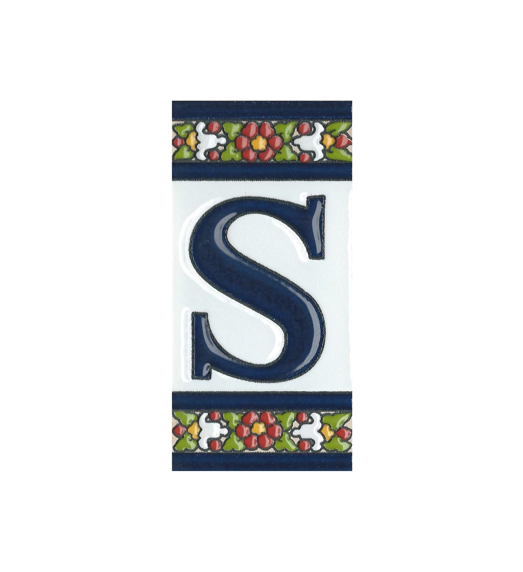 Spanish Floral Designed Ceramic Letter Tiles House Number Tiles and Frames (Letter S) — image 1