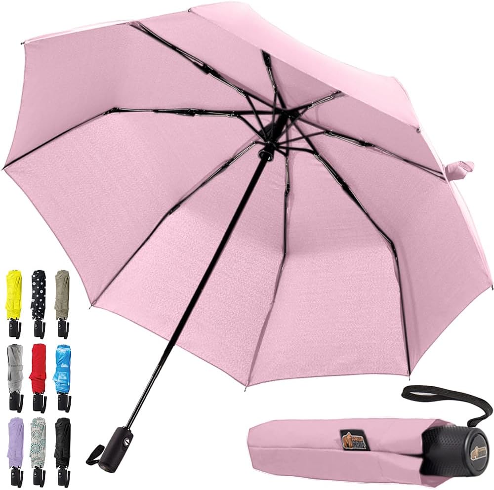 GORILLA GRIP Strong Windproof Stick Compact Umbrella for Rain, One-Click Automatic Open and Close, Durable Quick Dry Waterproof Material, Lightweight and Portable, Travel Size Fits Backpack, Pink