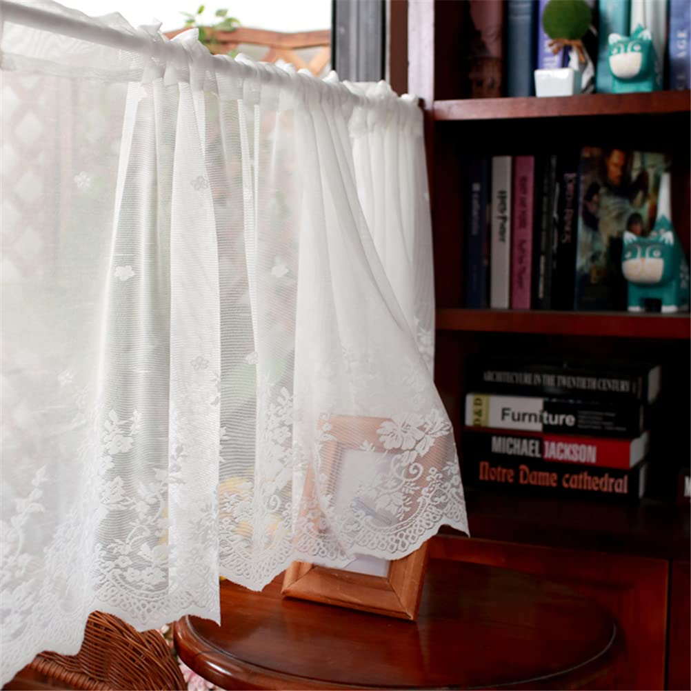 Tende corte, tende a mantovane, tenda corta in pizzo floreale con ricamo bianco, tenda romantica con asta a rete da caffè, piccola tenda for finestra da cucina e bagno(W x H 400x50cm)