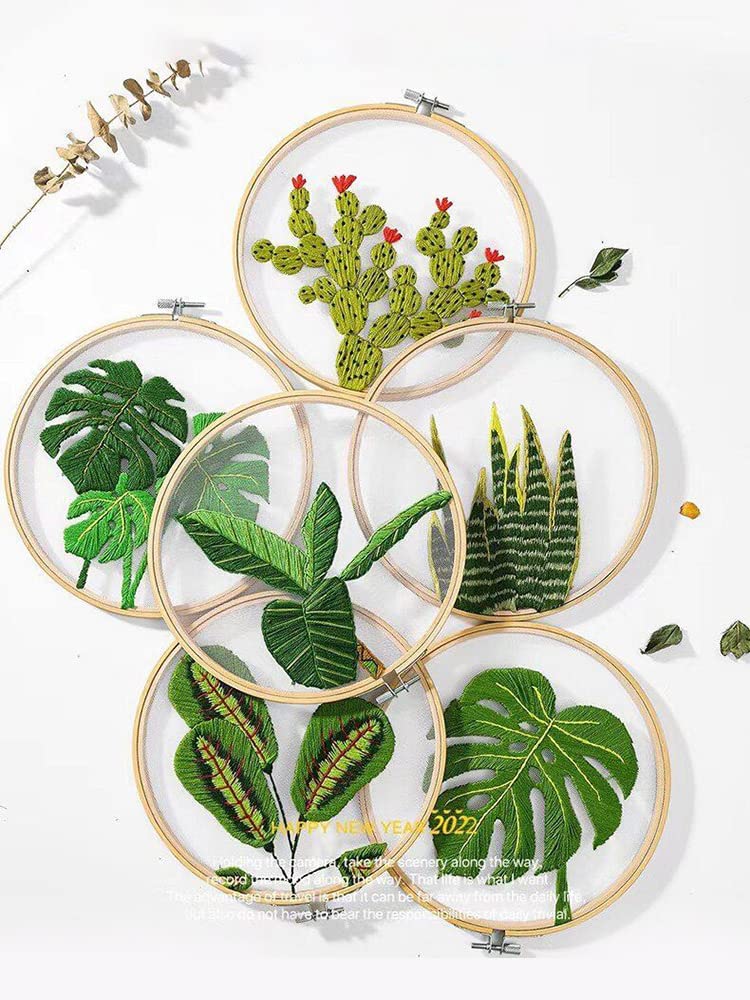 Kit de Punto de Cruz Kits de bordado transparente con aro de bambú, bricolaje for principiantes, patrón de planta verde, kit de costura de decoración del hogar de punto de cruz para Artes de Bricolaje