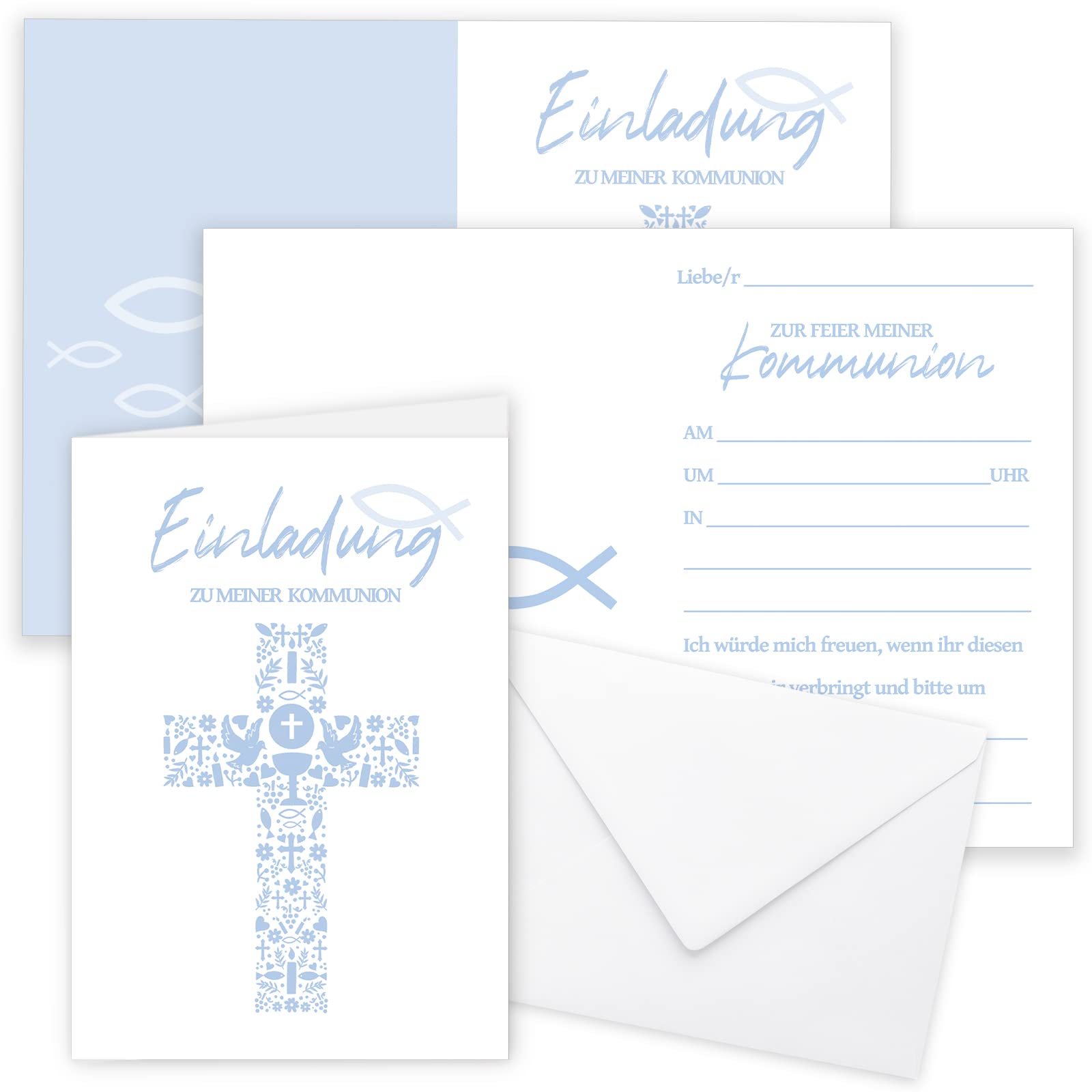 HOWAF 12 Einladungskarten Kommunion, Einladung Kommunion mit Umschlägen, Fisch Einladungen Karte Erstkommunion Konfirmation Firmung Taufe für Jungen Mädchen Communion, Confirmation, Christening, A