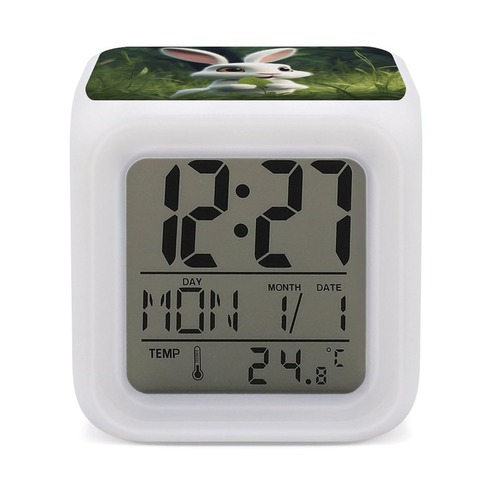 Réveil numérique lapin blanc avec affichage LED horloge couleur pour bureau et maison