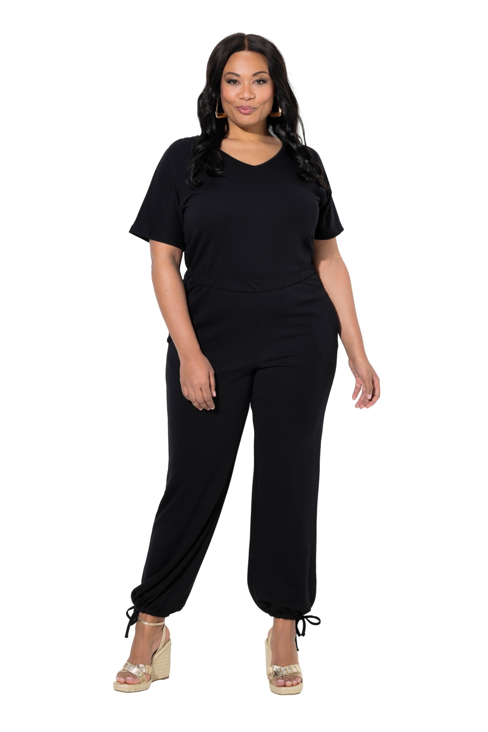 Ulla Popken Damen große Größen Übergrößen Plus Size Jumpsuit, V-Ausschnitt, elastische Taille, Fledermaus-Halbarm 850027
