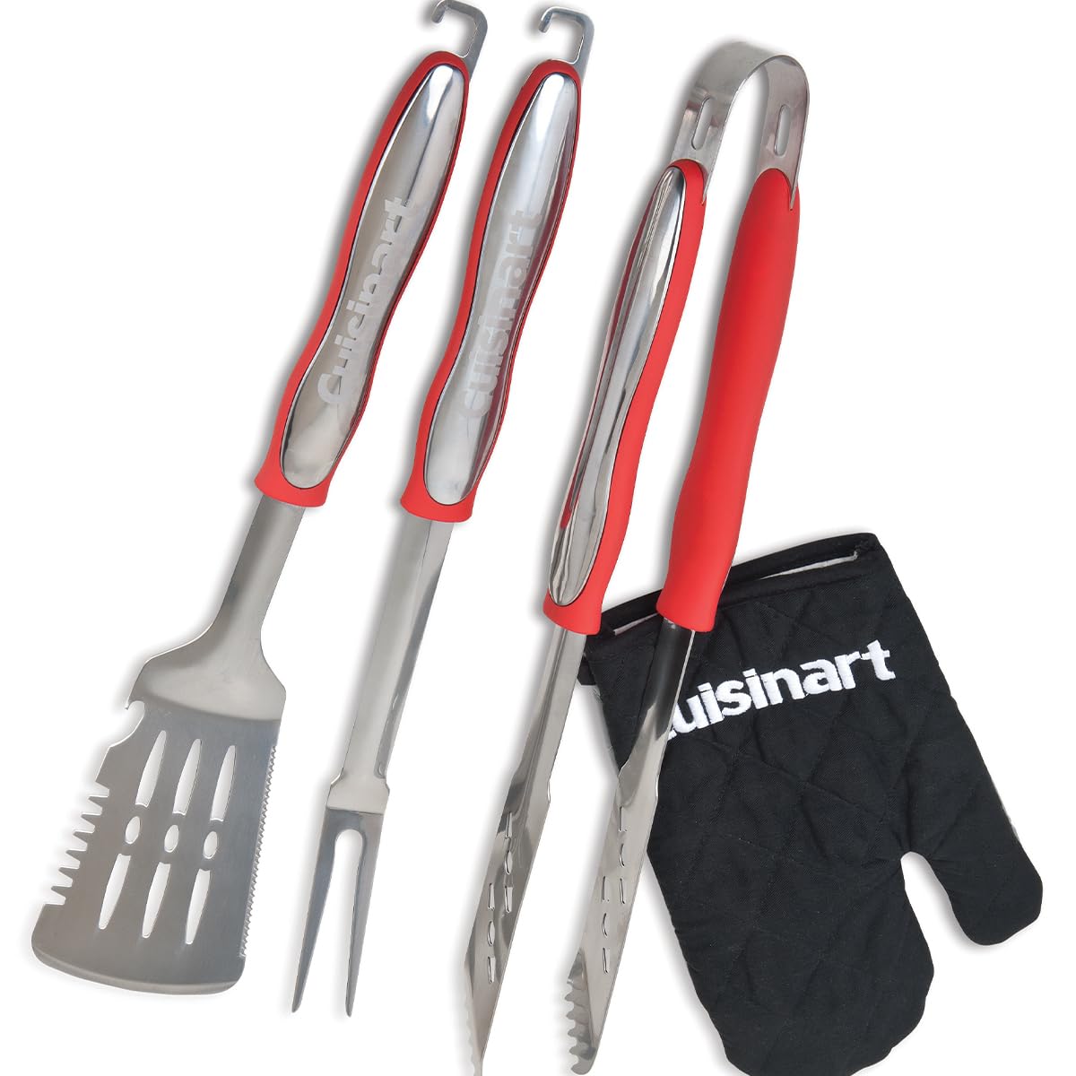 Cuisinart BBQ Tool Set with Glove | Spatula, Fork, Long Handle Stainless Steel Tongs | Heat Resistant Glove Included (Black) (EU Red)