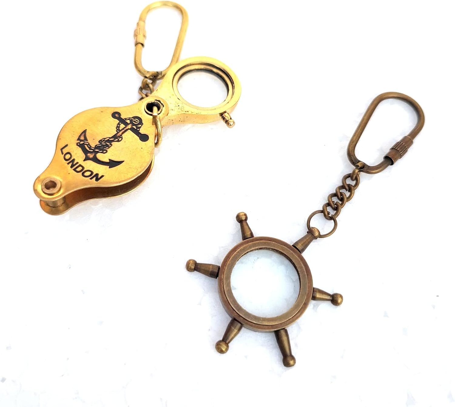 Vintage Nautical Keychain Set, Brass London Anchor Compass Design, Gold and Bronze, Ship Wheel Magnifying Glass, Maritime Collectible, 2 Pack image 3