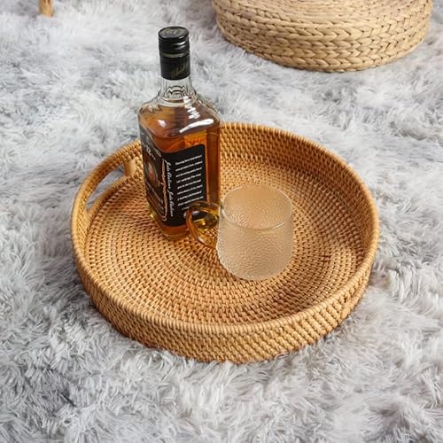 Round Rattan Serving Tray Decorative Woven Ottoman Trays with Handles for Coffee Table Natural (Small 11.8 inch x 2.4 inch) Round Rattan Serving Tray Decorative Woven Ottoman Trays with Handles for Coffee Table Natural (Small 11.8 inch x 2.4 inch)
