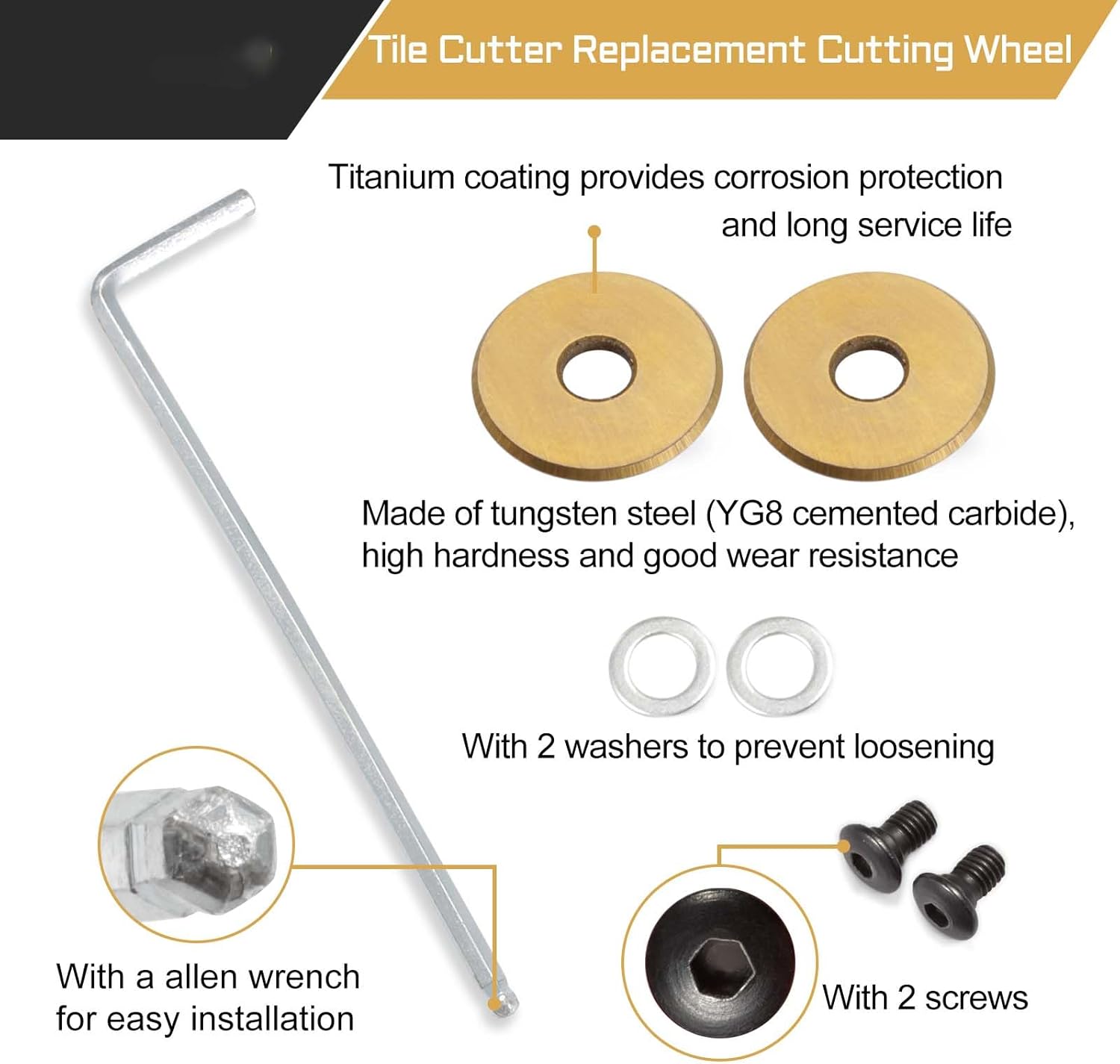 2 Pcs Tile Cutter Replacement Cutting Wheel 7/8 Inch with 1 Pcs Allen Wrench Heavy Duty Glass Mosaic Cutter Kit Titanium Coated Carbide Cutting Wheel for Cutters & Pliers