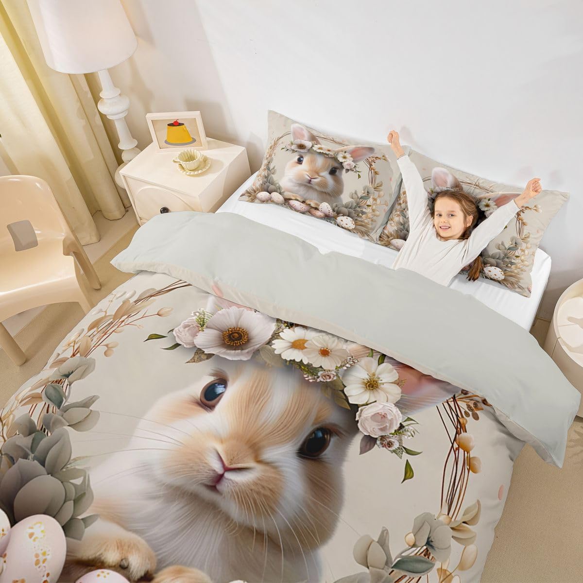 Erosebridal Easter Bunny Comforter Cover for Kids, Happy Easter Eggs Duvet Cover Cute Rabbit with Flower Bedding Set for Girls Boys Women Bedroom, Cartoon Animal Pet Floral Bedspread Cover, Queen