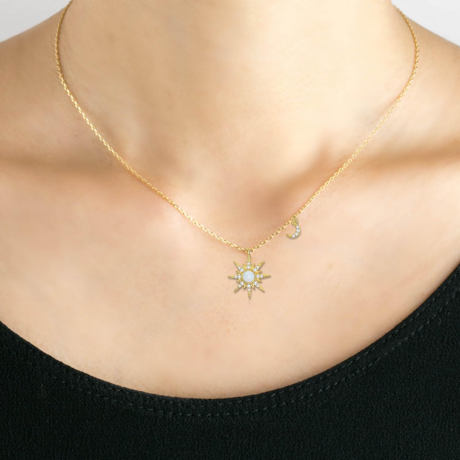 Rnivida 925 Sterling Silver Opal North Star Pendant Necklace, Celestial Moon Star Starburst Necklace Jewelry Gifts for Women