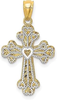 Colar de dois tons de ouro amarelo 14 k com pingente religioso de cruz de coração de dois níveis com pingente de amor brotado com joias finas para mulheres presentes para ela