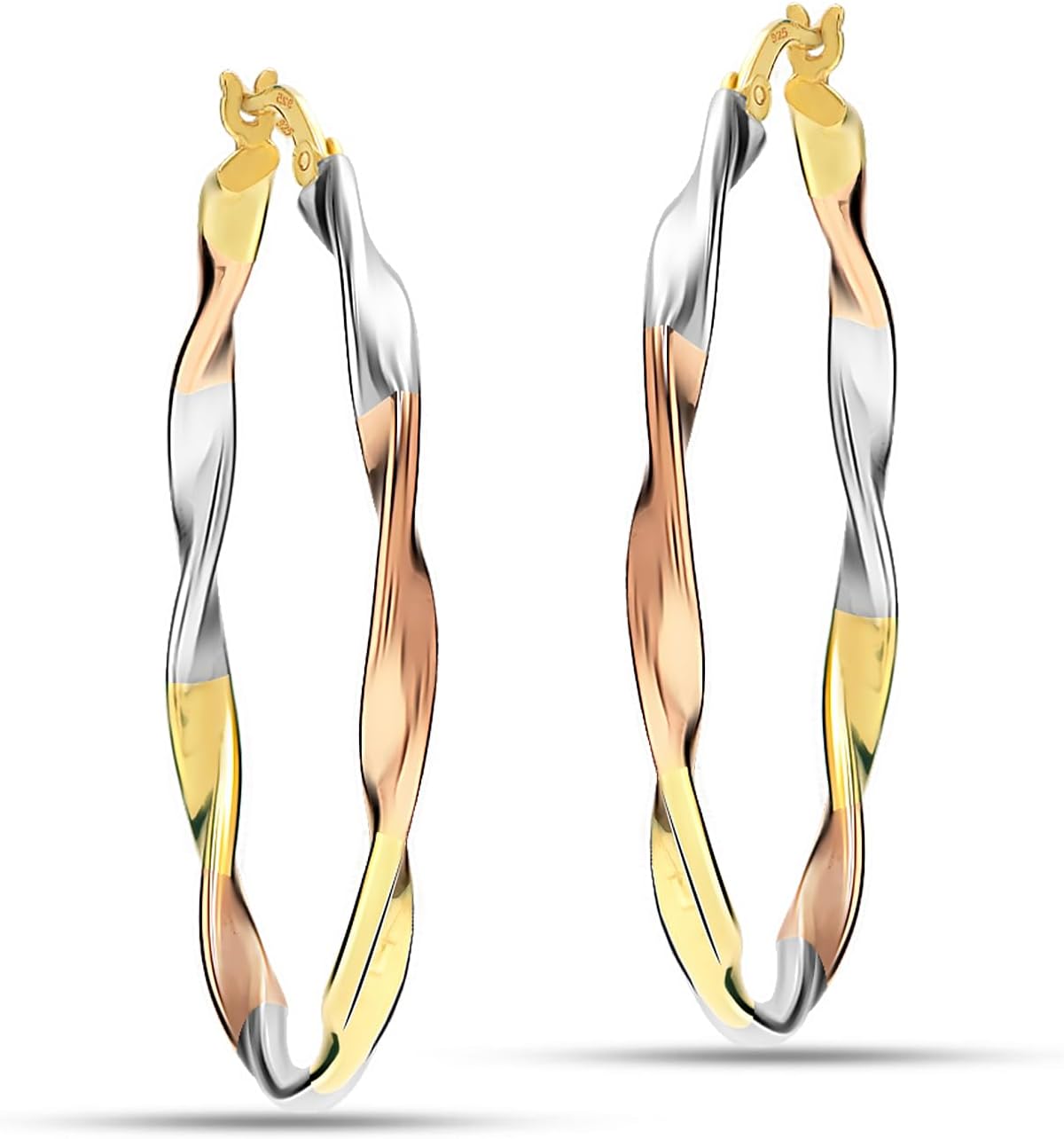 LeCalla Real 925 Sterling Silver Hoop Earrings | 14K Gold-Plated Three-Tone Twisted Earring Jewelry | Light-Weight Italian Design Click-Top Hoop Earrings for Women - Image 4