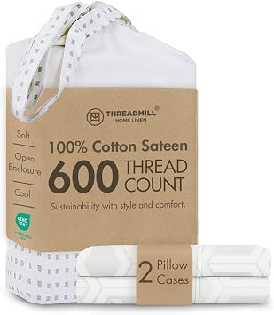 Threadmill 600TC Cotton King Pillowcases, Sateen, Jacquard, White, 2-Pack