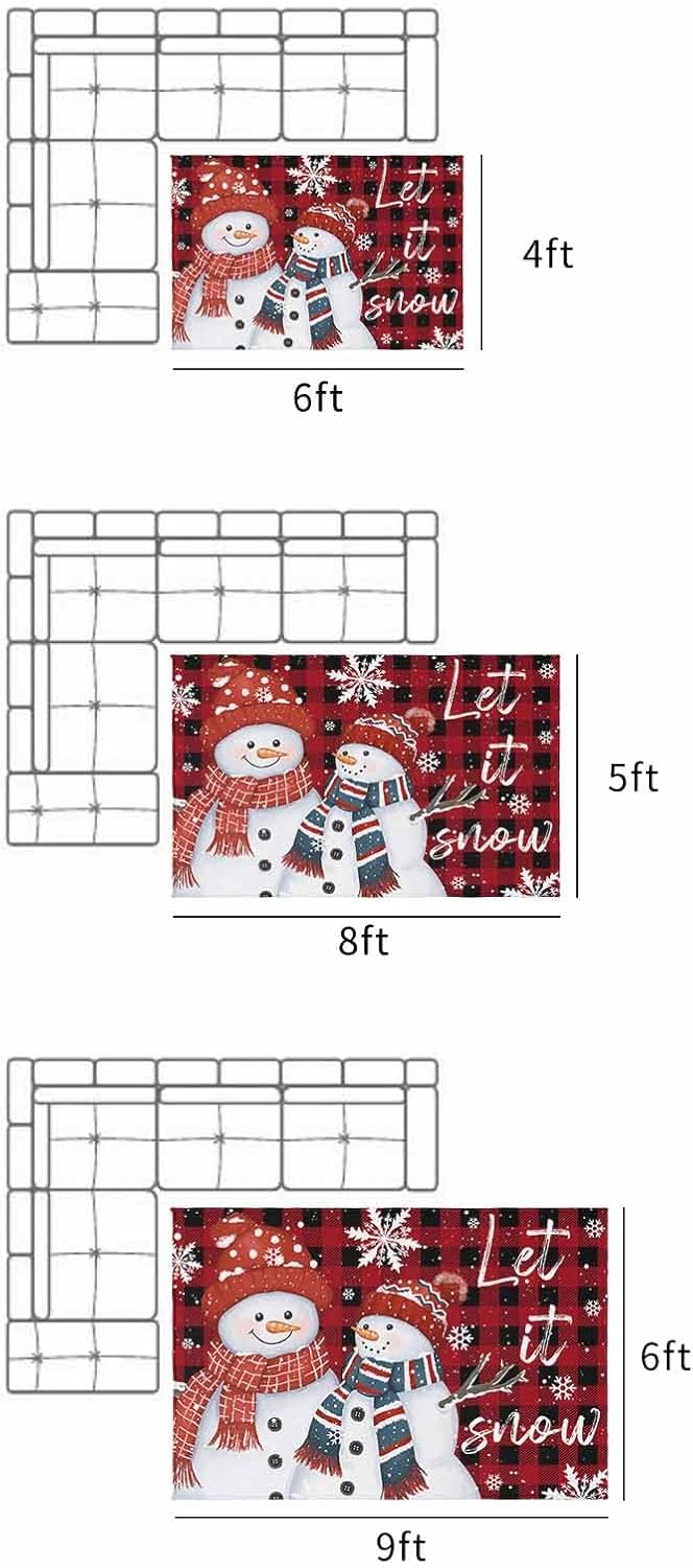 Outdoor Rug, Christmas Snowman Winter Red and Black Buffalo Check Snowflake Xmas Santa Hat Scarf Absorbant Non-Slip Area Rugs Mat Carpet for Patio Balcony Porch Backyard Deck Rv Camping 5x8 ft