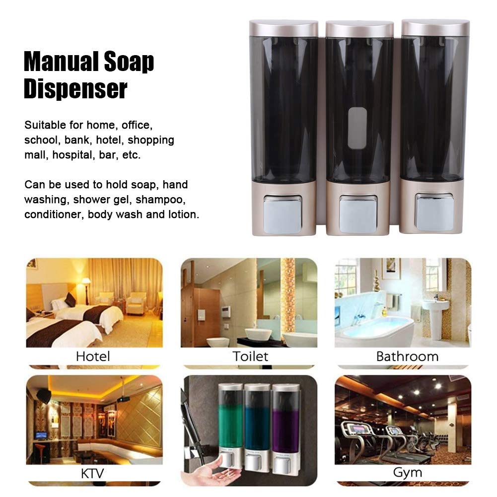 Beufee Manual Soap Dispenser, Shower Dispenser 3 Chamber Wall Mounted Shampoo and Conditioner Dispenser 3x200ml