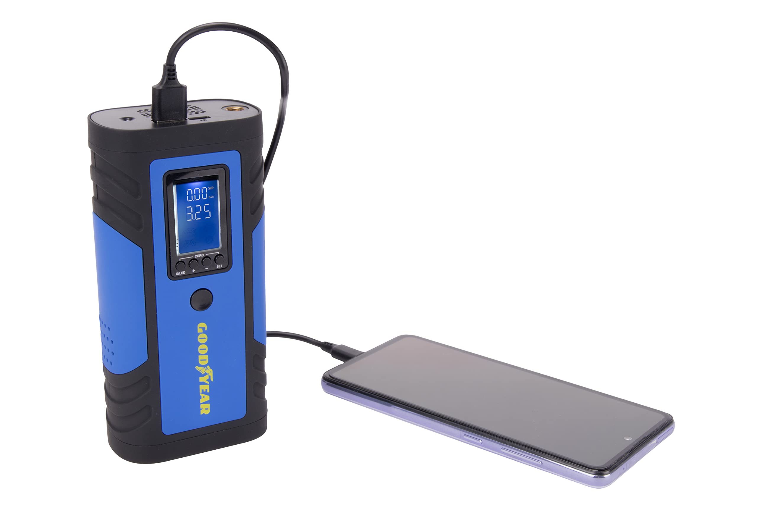 Goodyear GOD0019 cyfrowy przenośny kompresor 150 PSI 8 A 2600 mAh 7,4 V USB C ładowanie typu C, niebieski
