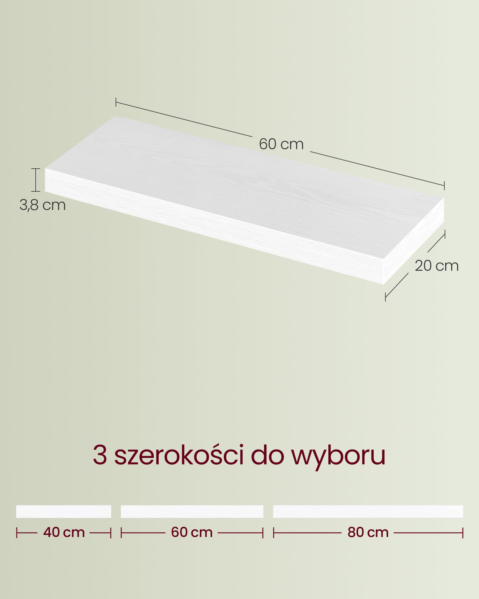 VASAGLE Regał ścienny, regał wiszący, półka regałowa, 20 x 60 x 3,8 cm, półka ścienna do ramki na zdjęcia, dekoracja, regał do salonu, gabinetu, kuchni, śnieżnobiały LWS026WE01