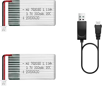 HAWK'S WORK 2 Pcs 3.7V Lipo Battery, 300 mAh Rechargeable Lithium Polymer Battery for RC Plane Helicopter Drone All Models & Toys (PH1.25 Connector)