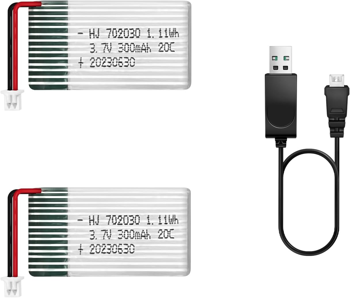 2 Pcs 3.7V Lipo Battery, 300 mAh Rechargeable Lithium Polymer Battery for RC Plane Helicopter Drone All Models & Toys (PH1.25 Connector)