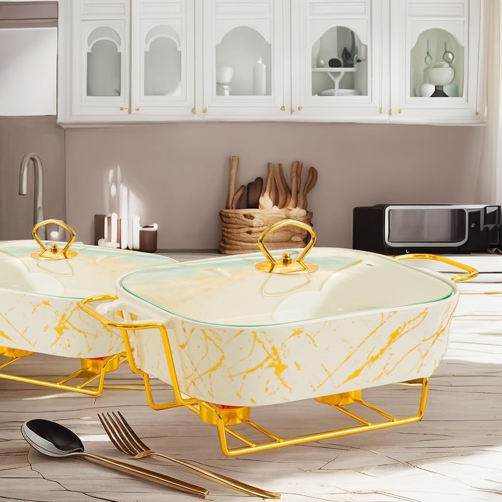 Luxury Ceramic Chafing Dishes for Buffet,3 Piece Set (1.2L, 1.8L, 2.5L) with Gold Accents,Perfect Catering Supplies Buffet Display, Buffet Warmers Sets for Parties,Wedding and Events