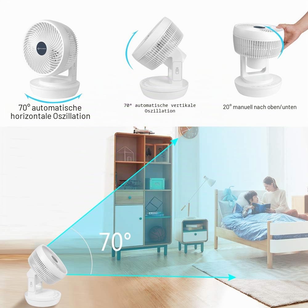 MYCARBON Leiser Ventilator mit Fernbedienung 1800 m³/h ECO-Modus 3D Oszillation 4 Geschwindigkeiten 12 Stunden Timer Tischventilator