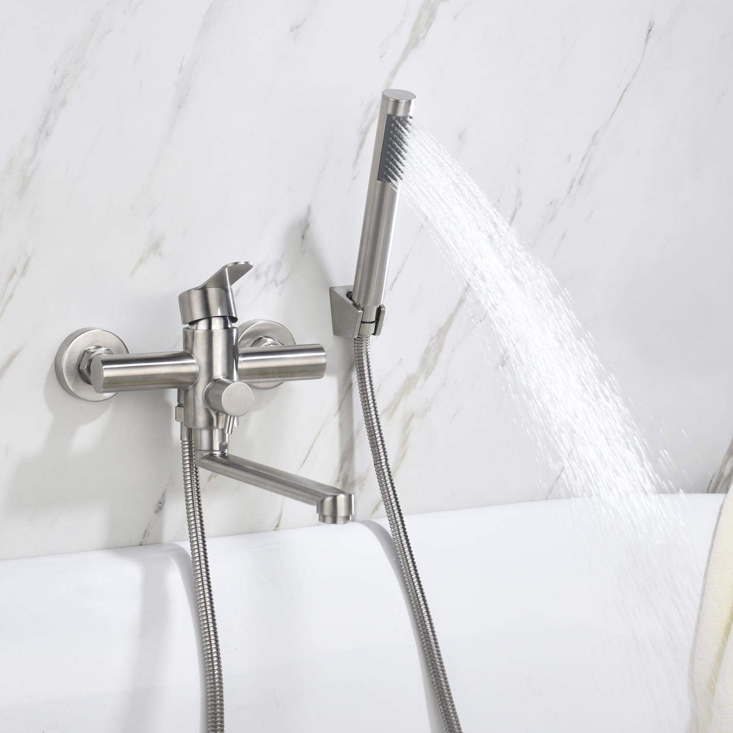 HomeLava Grifo Bañera y Ducha, Grifo de Bañera con Alcachofa de Mano Monomando Redondo de Acero Inoxidable 304, Instalación en pared, Cepillado(Longitud de La Boca 23 cm)