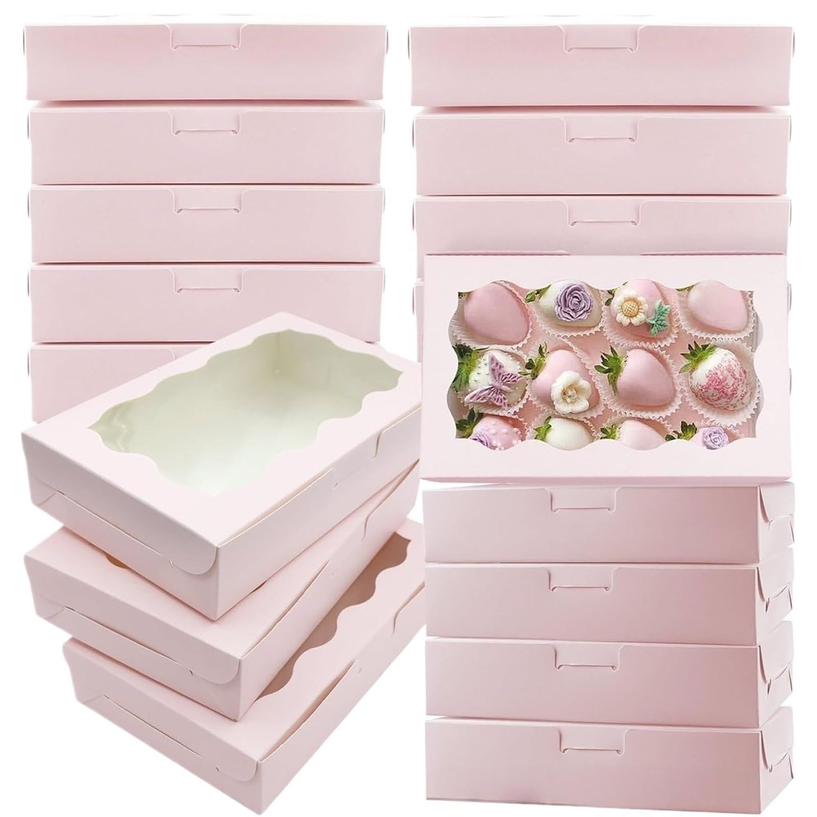 XPJYUA Bakery Boxes with Clear Window 24pcs White Window Pastry Boxes Rectangular Candy Cookie For Bakery Takeaway Party Favors(Pink,135x70x50mm)