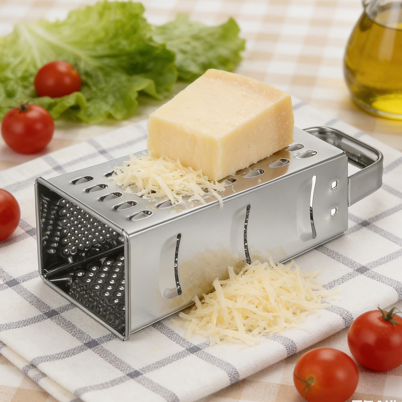 MAGICLULU 8-Inch Box Cheese Grater with Handle - Heavy Duty Stainless Steel 4-Sided Vegetable Slicer, Shredder & Zester, Potato & Citrus - Multipurpose Manual Kitchen Food Tool