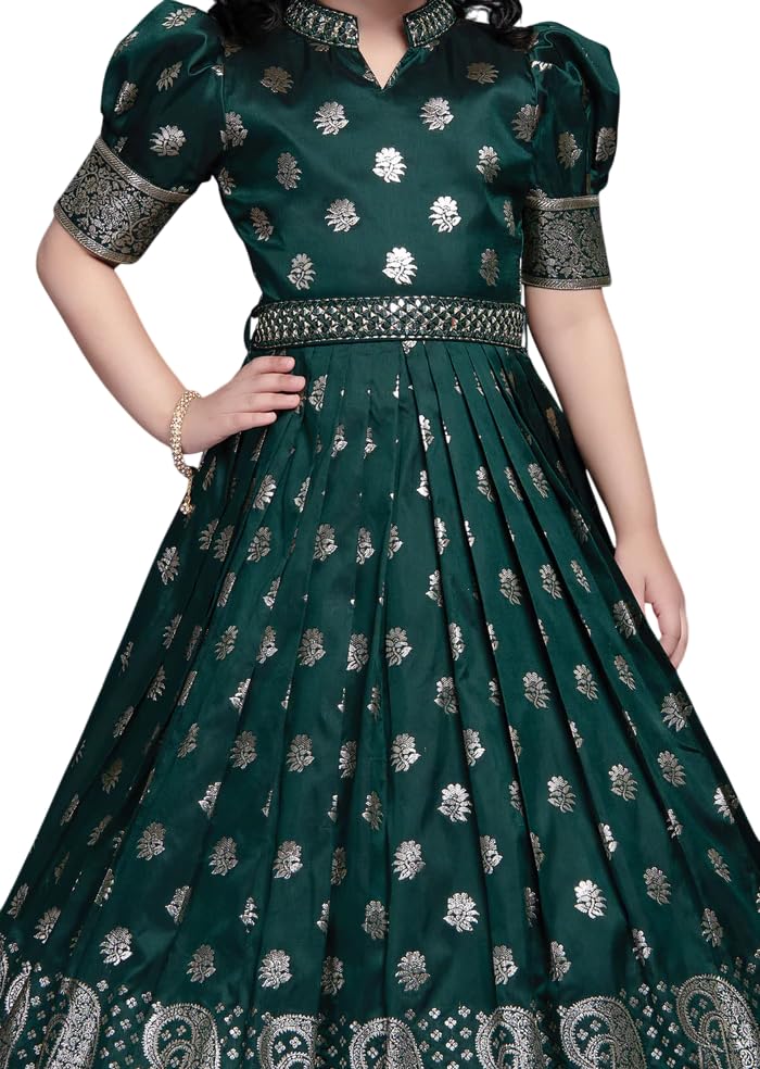 Image of White Button Girls Banaras Weaving Simar Jacquard Gown | Royal Ethnic Long Maxi Dress
