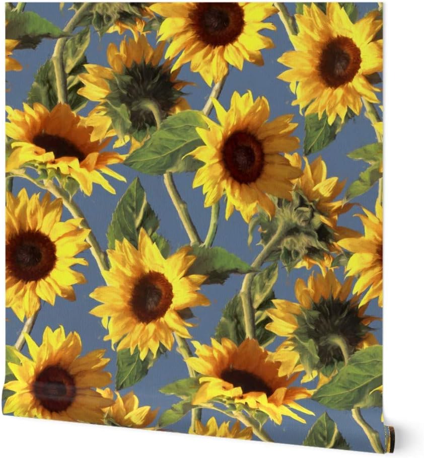 Peel & Stick Wallpaper 3ft x 2ft - Sunflowers Light Blue Sunflower Painting Yellow Botanical Impressionist Custom Removable Wallpaper by Spoonflower