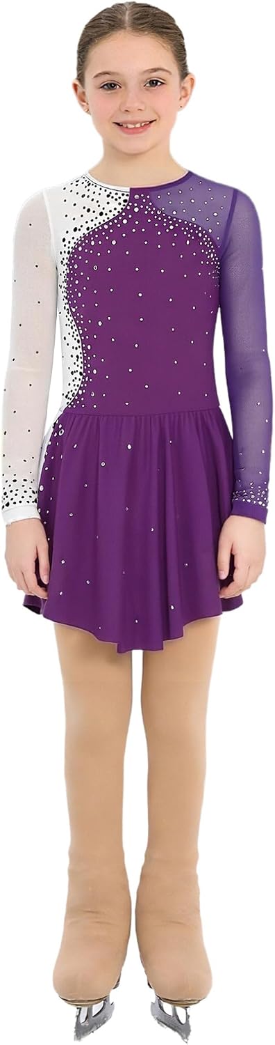 renvena Kids Girls Long Sleeve Figure Ice Skating Dance Dress with Footed Tights Pants Set Competition Dancewear