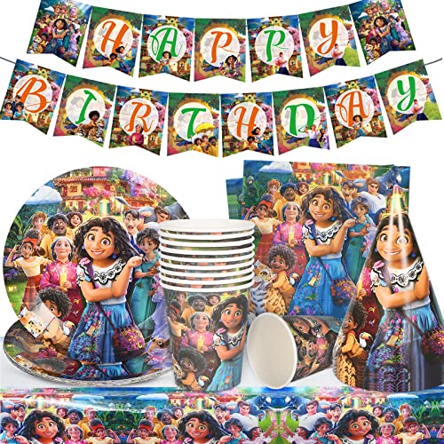 Runup Vaisselle à thème Encanto Party Supplies Decorations Birthday Party Set Décorations d'anniversaire Assiettes Bannière Tasses Nappe Fêtes Supplie, 10 Invités(G) Cover