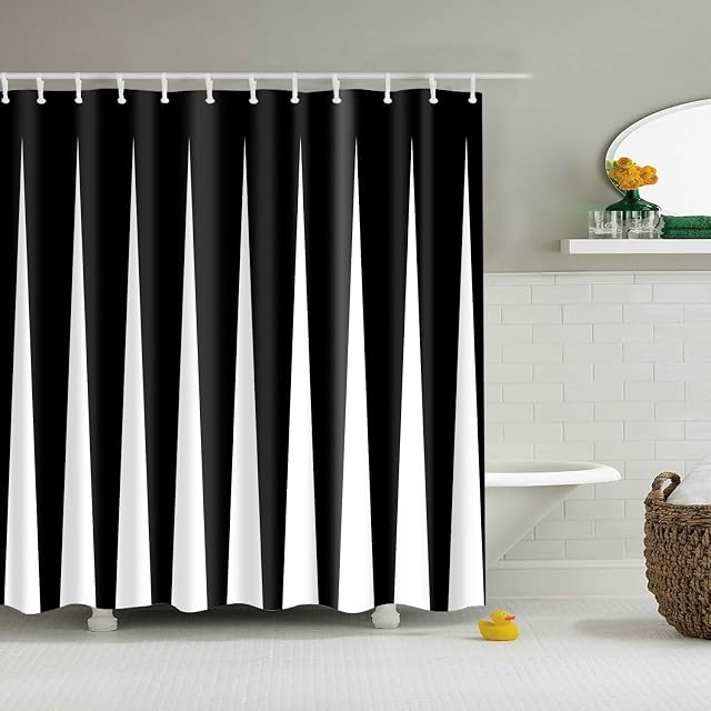Fashion Black and White Striped Shower Curtain, Modern Simple Minimalism Style Washable Polyester Fabric Bathroom Decor with Hooks 180*180cm