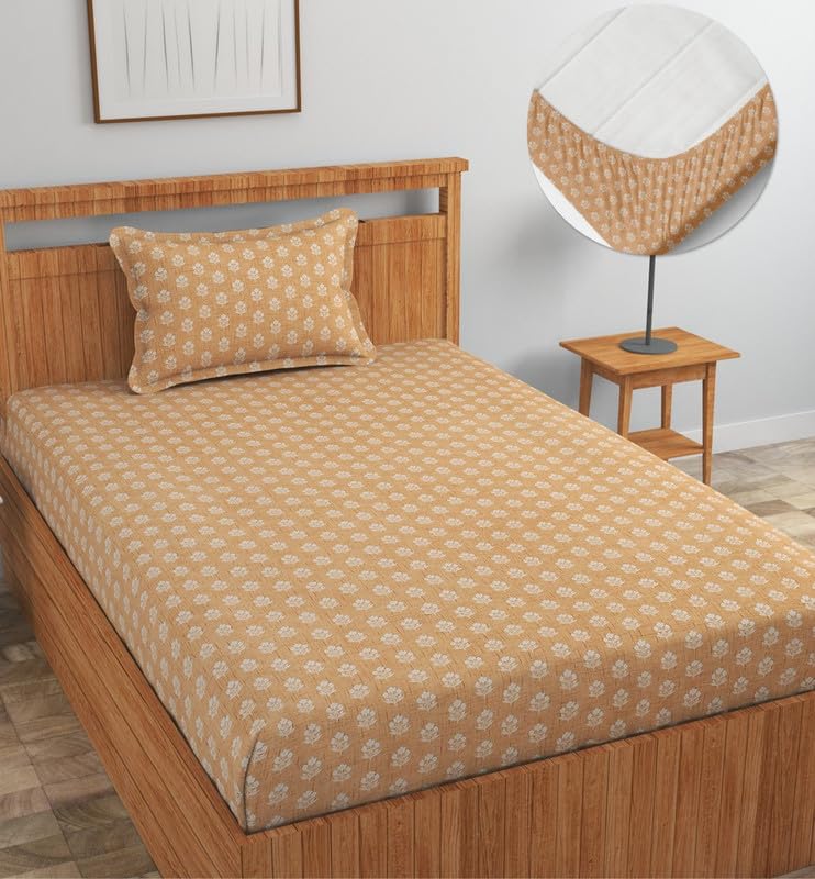 Image of NEW LEAF Premium Cotton Elastic Fitted Bedsheets with 1 Pillow Covers |Printed Single Bed Elastic 220 TC Supersoft Breathable & Wrinklefree | for 72x36+6 Inches, Beige