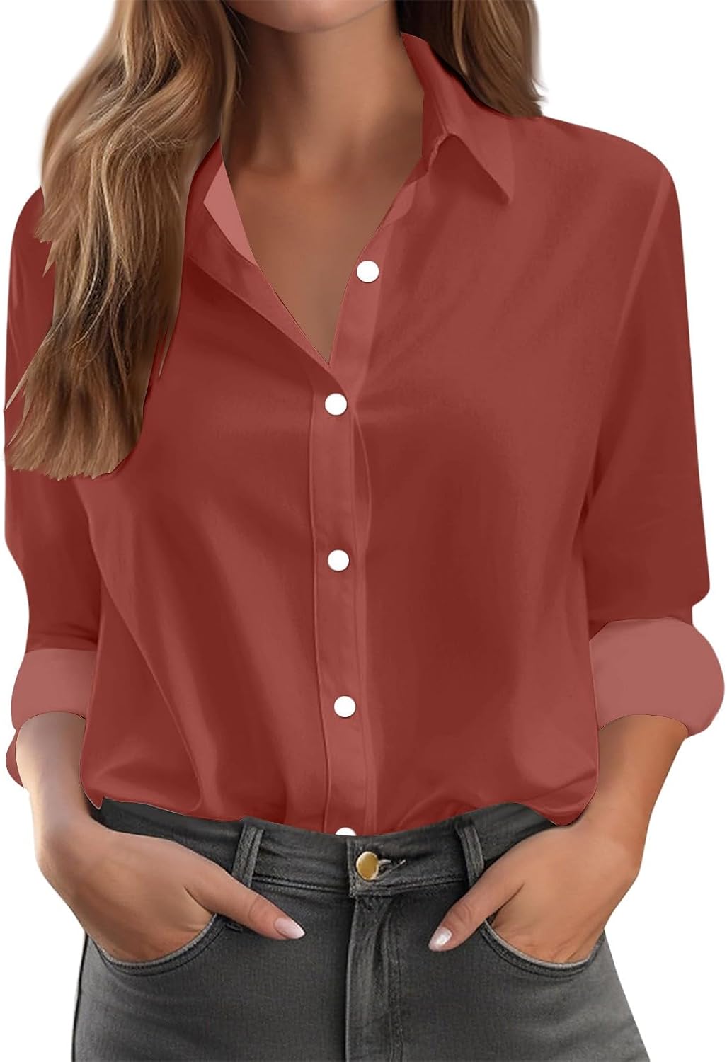 Womens Button Down Shirts Long Sleeve V Neck Collared Blouses Textured Button Up Shirt Office Work Blouses Tops