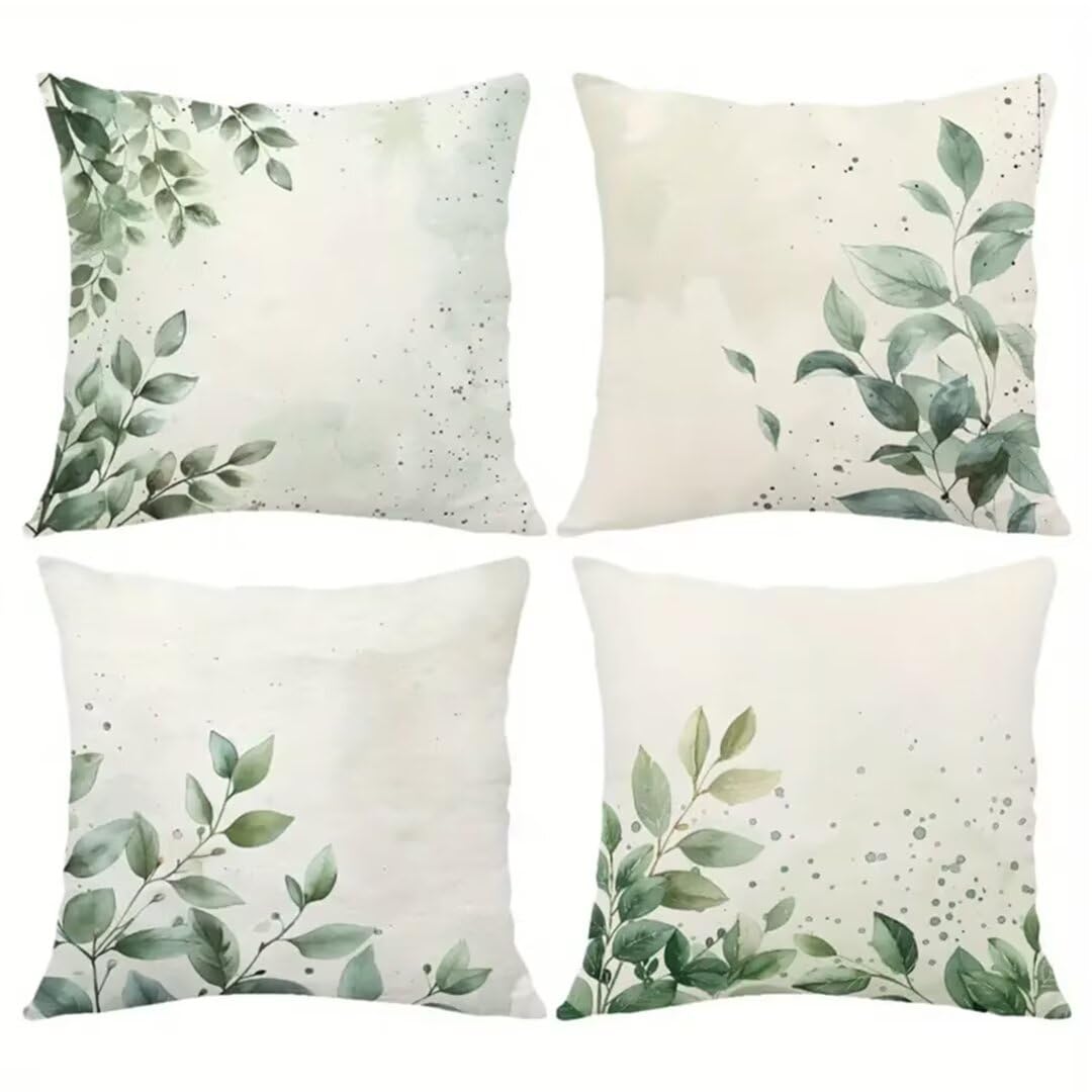 Zestaw 4 poszewek na poduszkę 60 x 60 cm, dekoracyjne poszewki na poduszki na sofę, kwadratowe poszewki na poduszki z bawełny, lnu, do sypialni, na sofę, krzesło, ogród, zielone rośliny, 24 x 24 cale