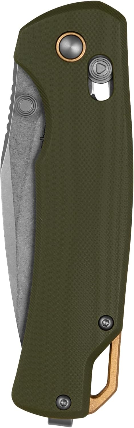 Kershaw Proximal Folding Pocket Knife, 3.15 inch D2 Stainless Steel, Duralock Manual Folder, Olive G10 Handle, Pocketclip, Gold Backspacer