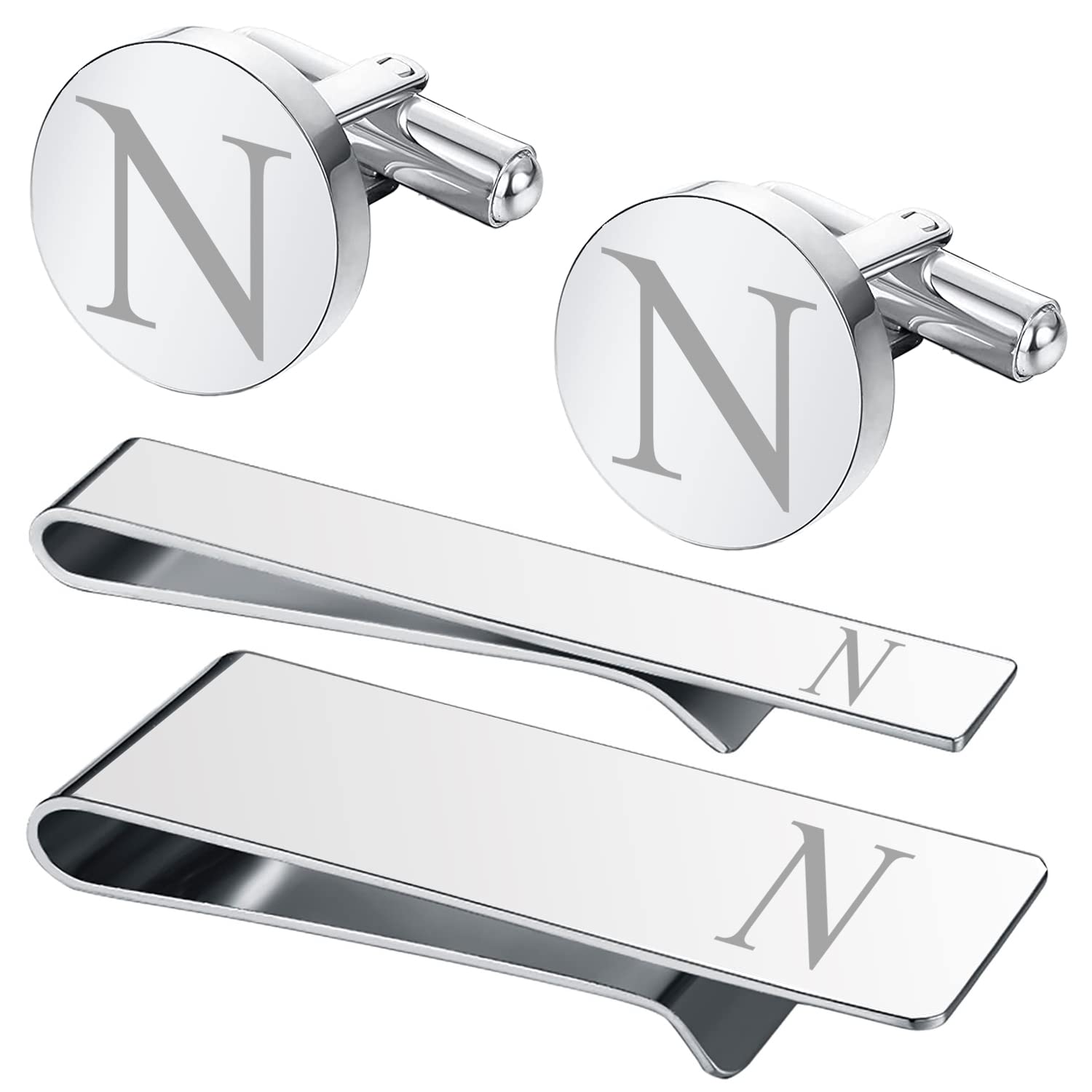 BodyJ4You 4PC Cufflinks, Tie Bar, Money Clip - Initial A-Z Engraving Alphabet Letter - Mirror Polished Steel Jewelry Set - Men's Cuff Links Shirt Suit