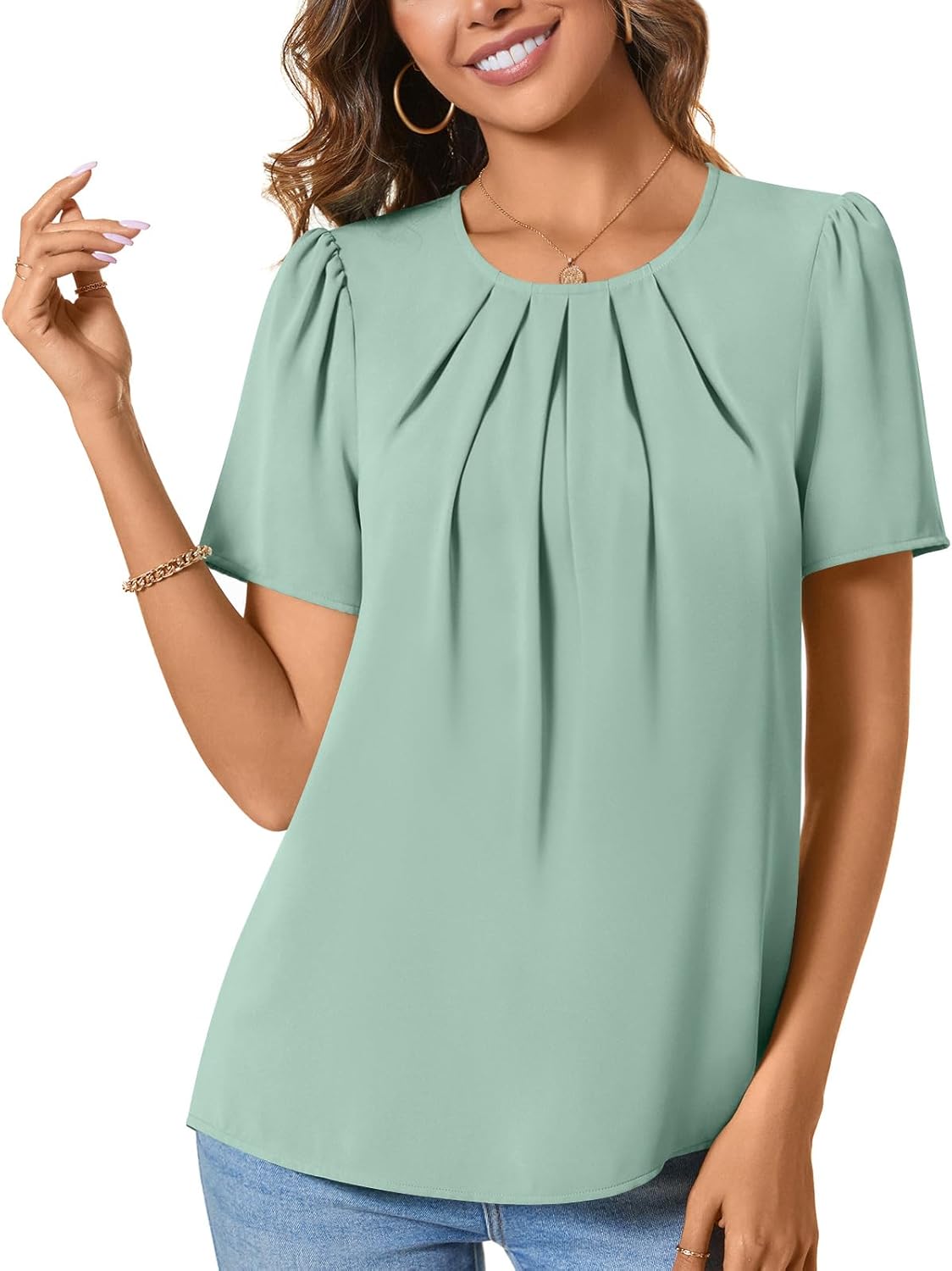 ALIGADUO Womens Summer Basic Chiffon Blouse Pleated Crewneck Shirts Casual Trendy Tops